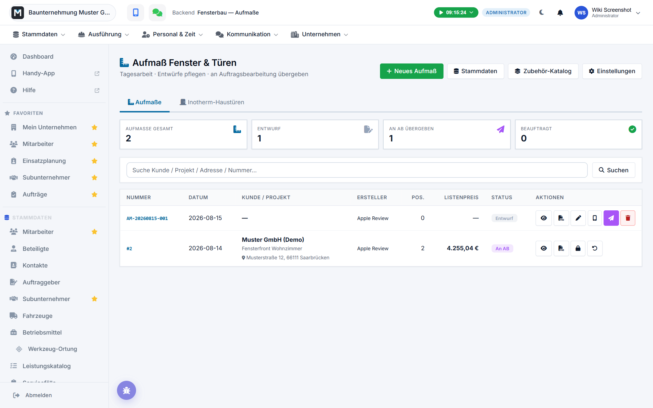 Aufmaß-Liste im Backend