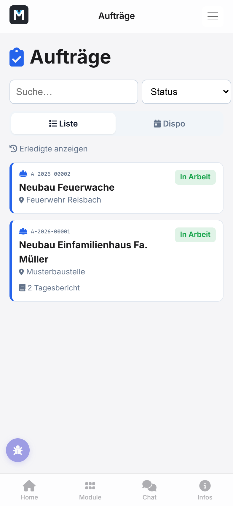 Auftragsliste mit Such- und Statusfilter