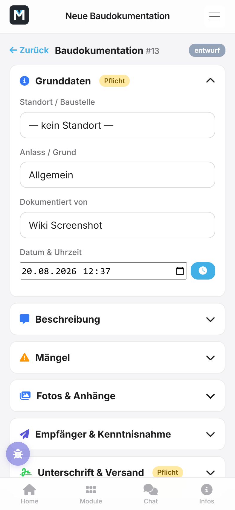 Neue Dokumentation anlegen: Grunddaten, Spracheingabe und MĂ€ngelerfassung