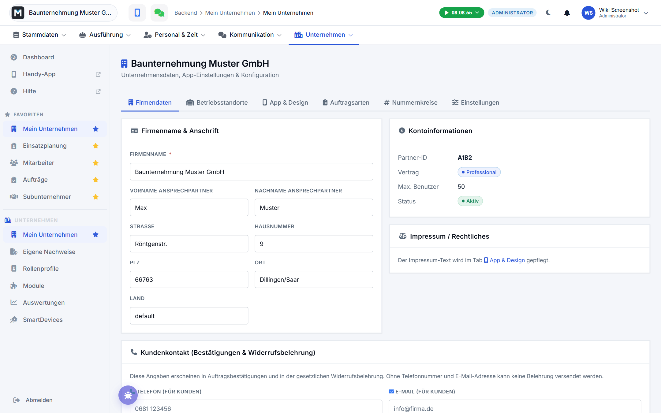 Reiter „Firmendaten" im Backend
