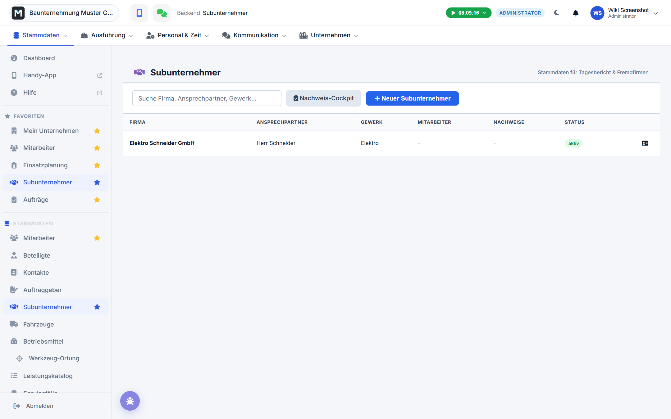 Subunternehmer-Ăbersicht im Backend