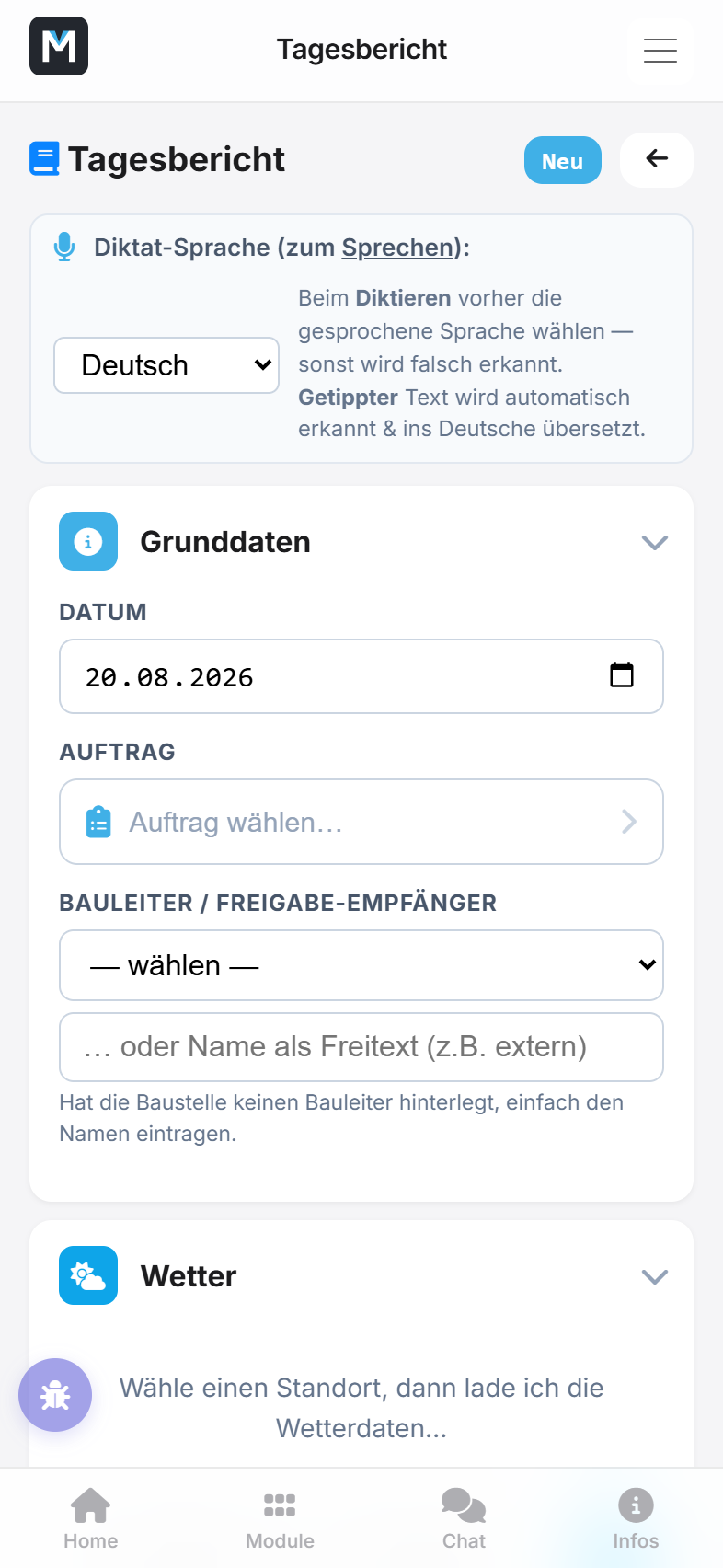 Neuen Bericht anlegen: aufklappbare Abschnitte mit Diktier-Funktion