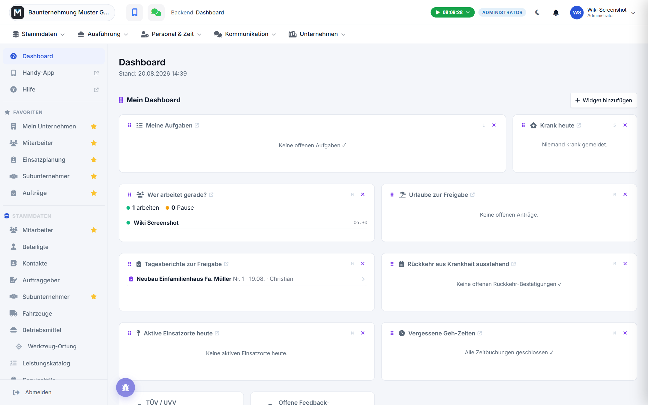 Backend-Dashboard mit der Rubrikleiste